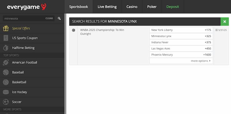 An image of WNBA betting odds at Everygame ND betting site.